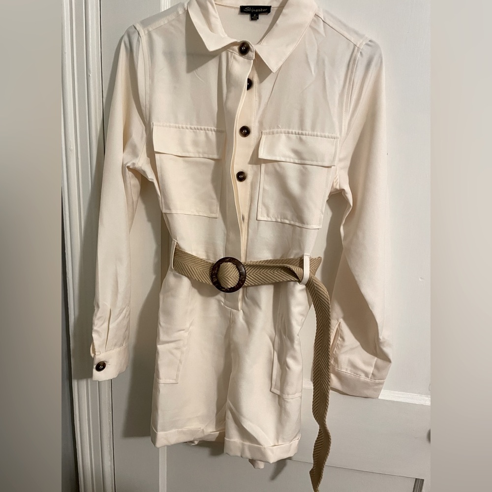 Cream button up romper with belt